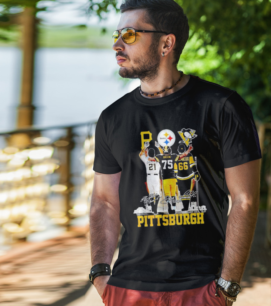 Pittsburgh Steelers Penguins Pirates Clemente Greene Lemieux Signatures T-Shirt