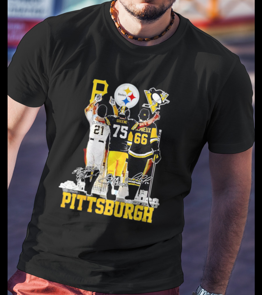 Pittsburgh Steelers Penguins Pirates Clemente Greene Lemieux Signatures T-Shirt