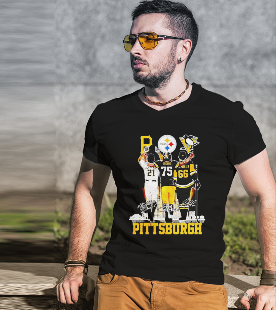 Pittsburgh Steelers Penguins Pirates Clemente Greene Lemieux Signatures T-Shirt