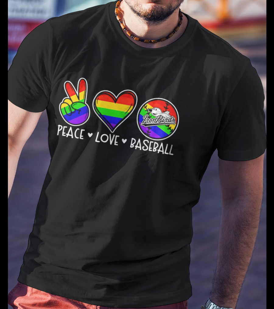 Aberdeen IronBirds Peace Love Baseball Rainbow T-Shirt
