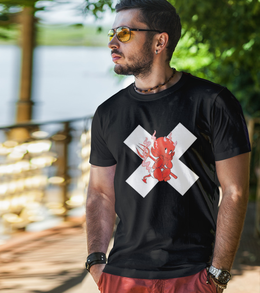 Baby Devil Cartoon Character With Pitchfork On White X T-Shirt