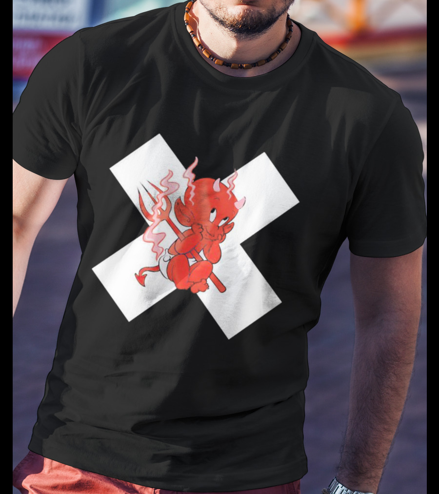 Baby Devil Cartoon Character With Pitchfork On White X T-Shirt