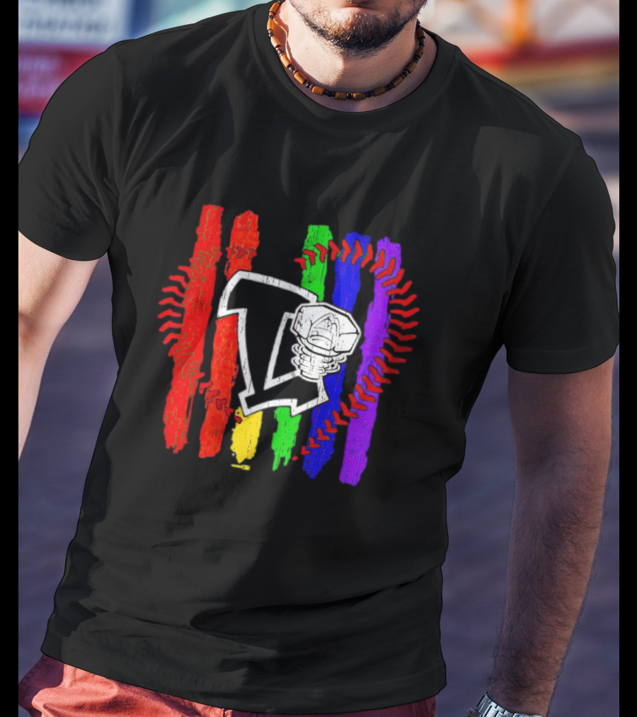 Lansing Lugnuts Pride Logo With Rainbow Stripes And Baseball Seam T-Shirt