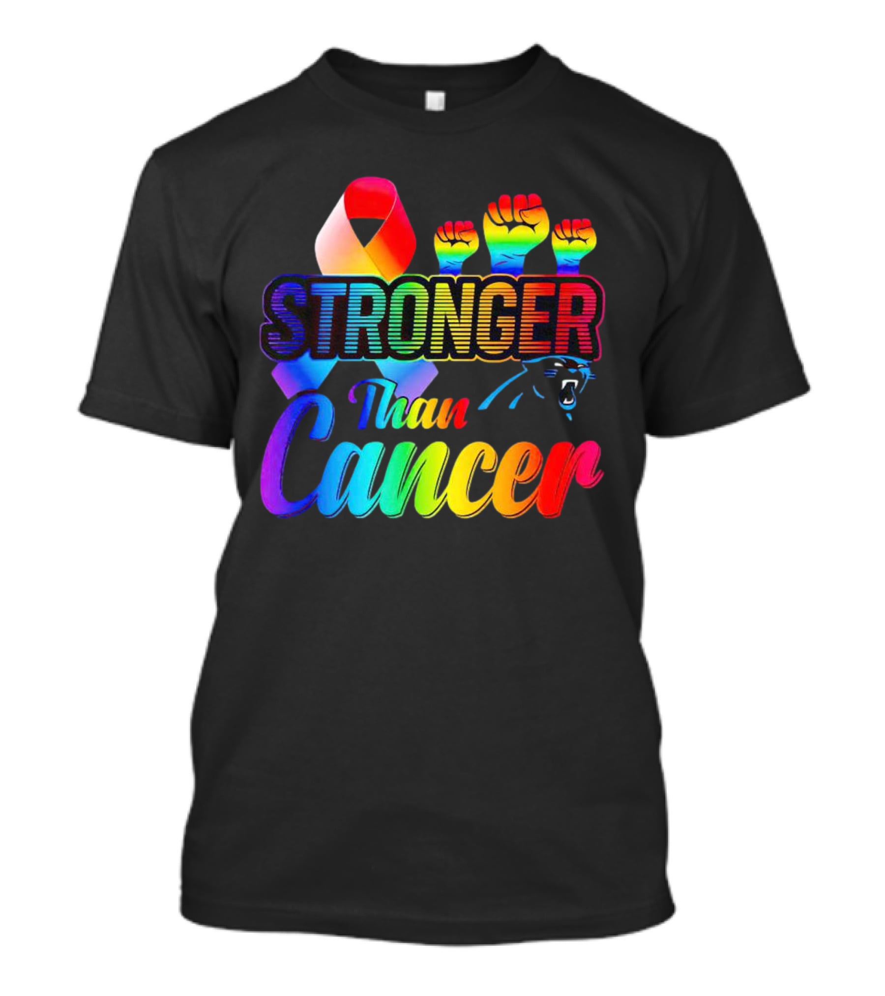 Carolina Panthers Stronger Than Cancer Rainbow Ribbon And Fists T-Shirt