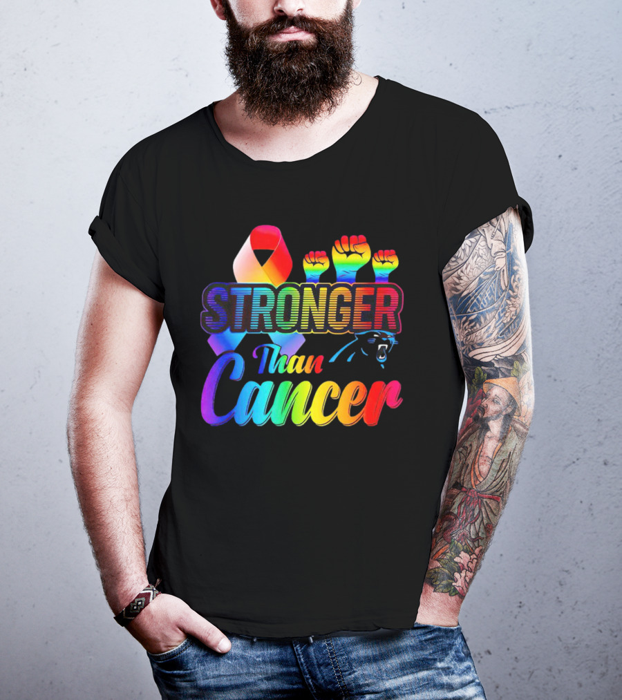 Carolina Panthers Stronger Than Cancer Rainbow Ribbon And Fists T-Shirt