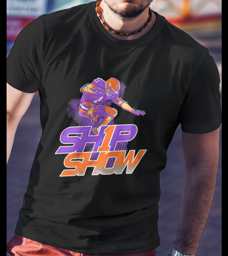 Clemson Tigers Ship Show Football Player In Orange And Purple T-Shirt