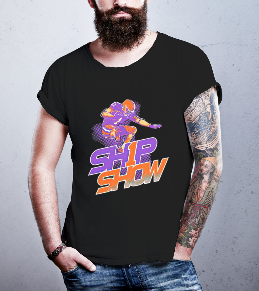 Clemson Tigers Ship Show Football Player In Orange And Purple T-Shirt