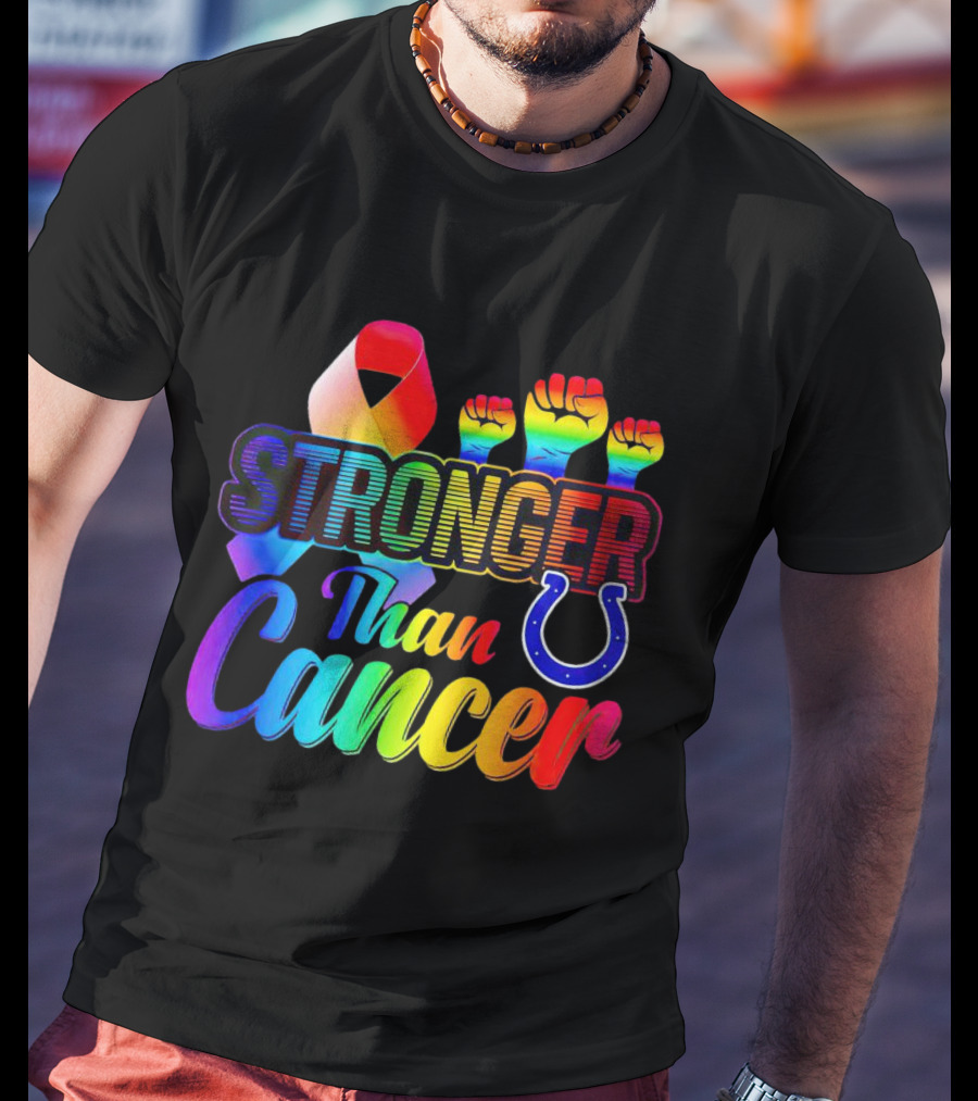 Stronger Than Cancer Indianapolis Colts Rainbow Ribbon And Fists Icons T-Shirt