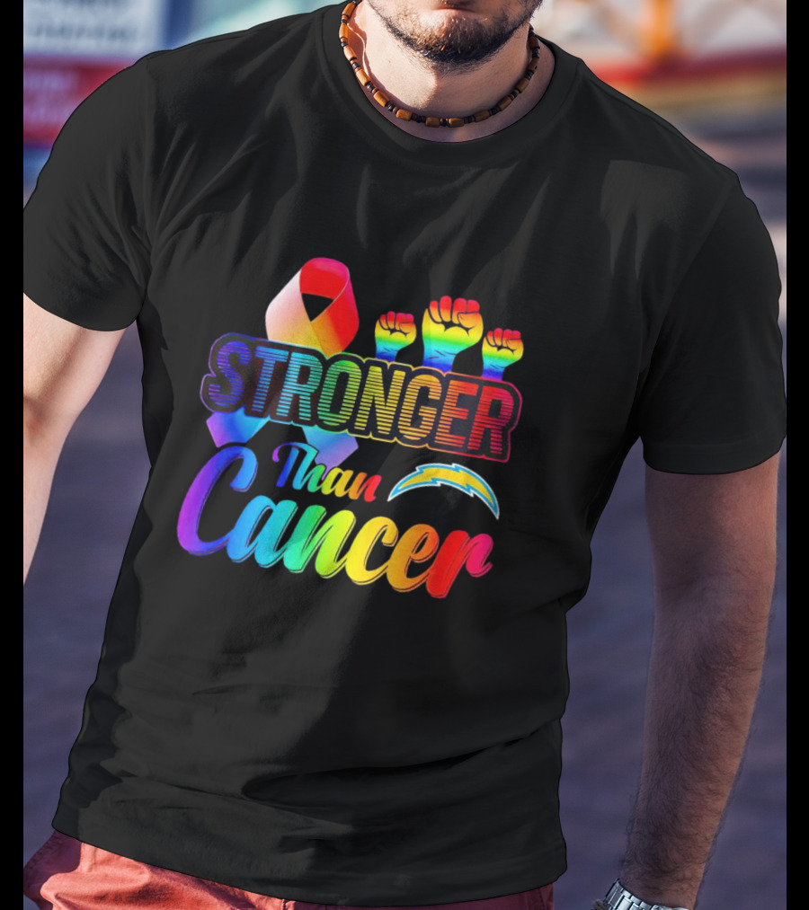 Los Angeles Chargers Stronger Than Cancer Rainbow Ribbon And Fists T-Shirt