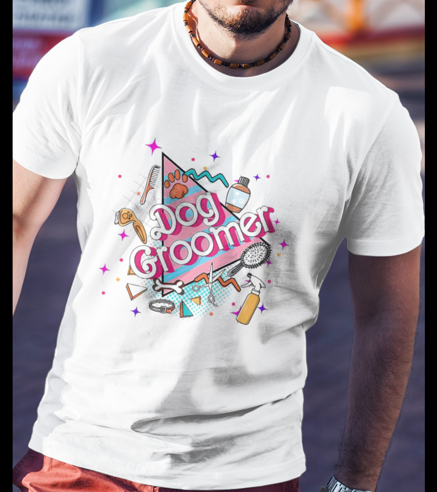 Dog Groomer Retro Pink Triangle Paws And Tools T-Shirt