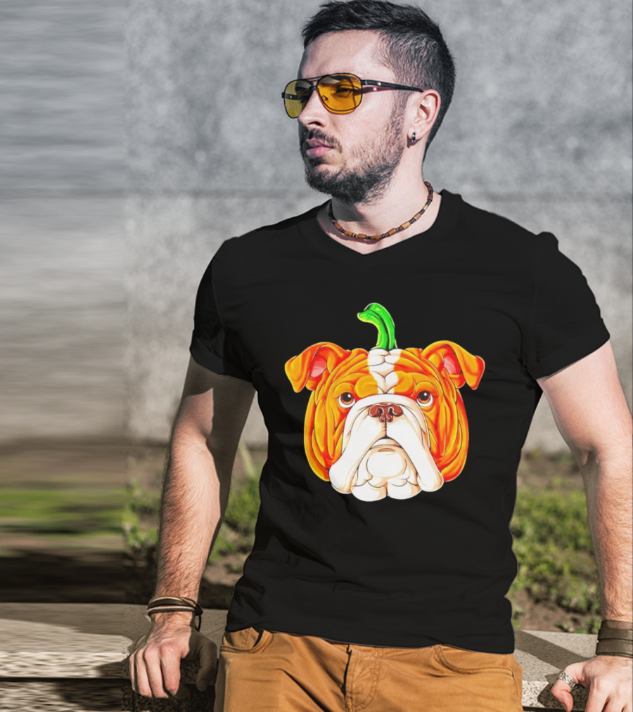 Bulldog Pumpkin Halloween Face With Green Stem T-Shirt