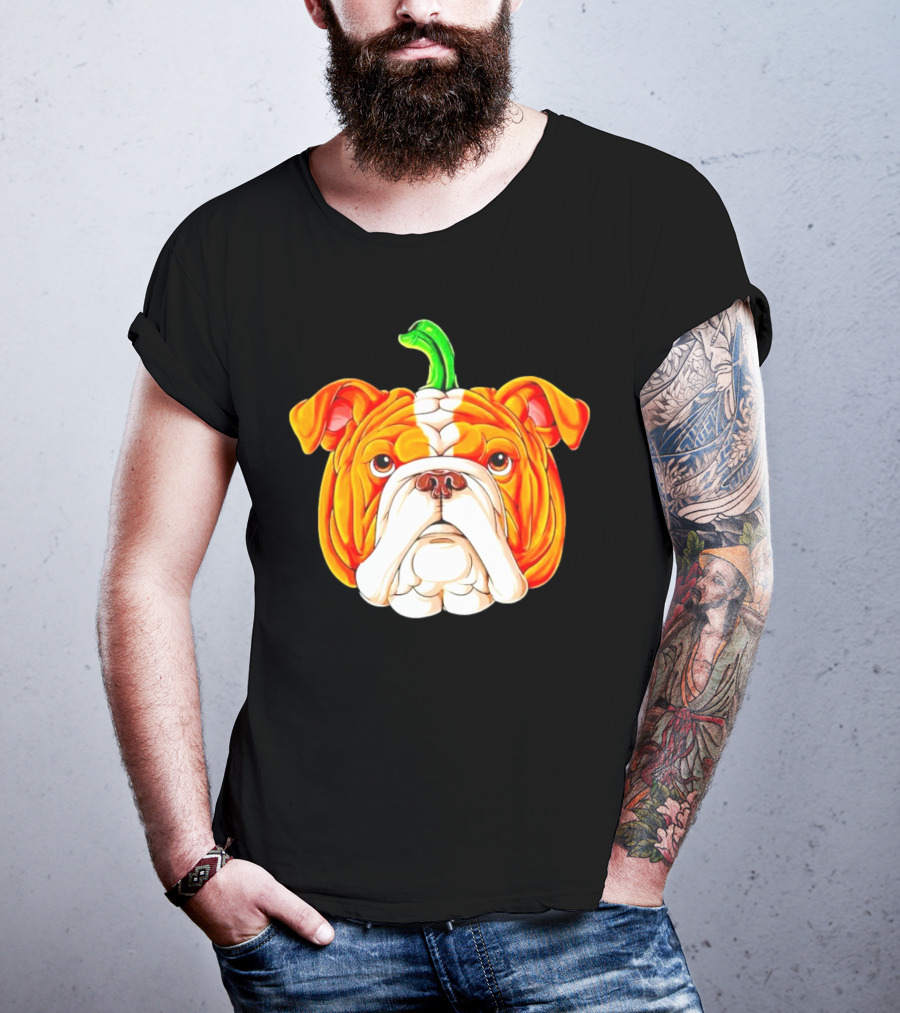 Bulldog Pumpkin Halloween Face With Green Stem T-Shirt