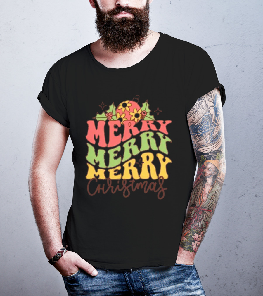 Merry Merry Merry Christmas Retro Flowers And Holly T-Shirt