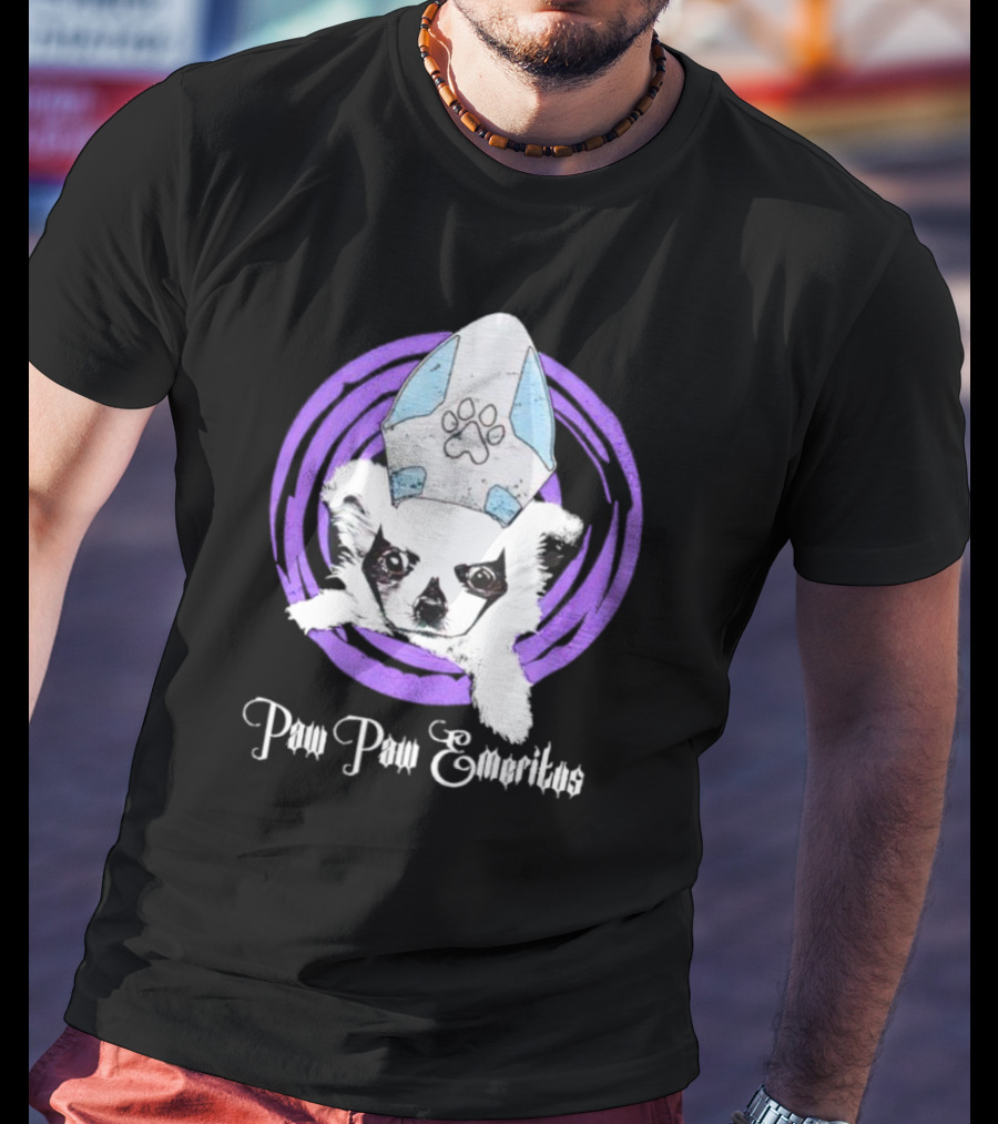 Paw Paw Emeritus Dog With White Mitre Hat And Purple Circle T-Shirt