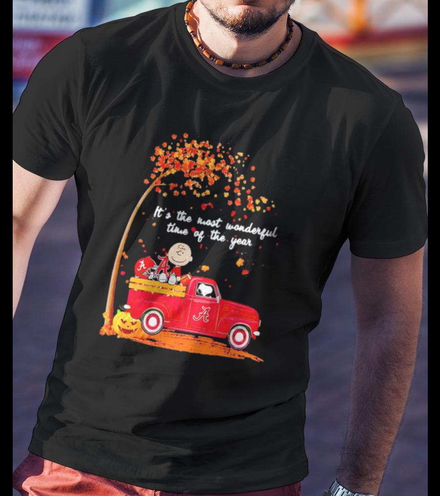 Peanuts Characters Alabama Crimson Tide Fall It's The Most Wonderful Time Of The Year Truck Football Pumpkins Leaves T-Shirt