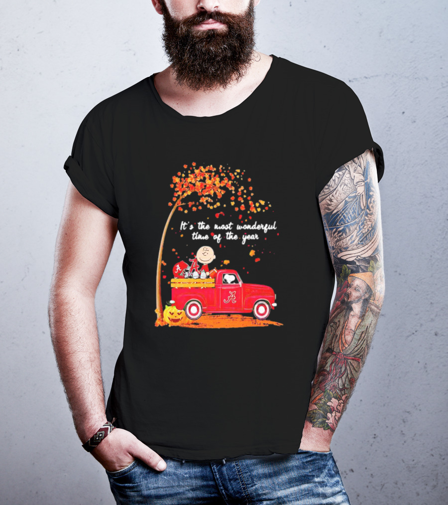 Peanuts Characters Alabama Crimson Tide Fall It's The Most Wonderful Time Of The Year Truck Football Pumpkins Leaves T-Shirt