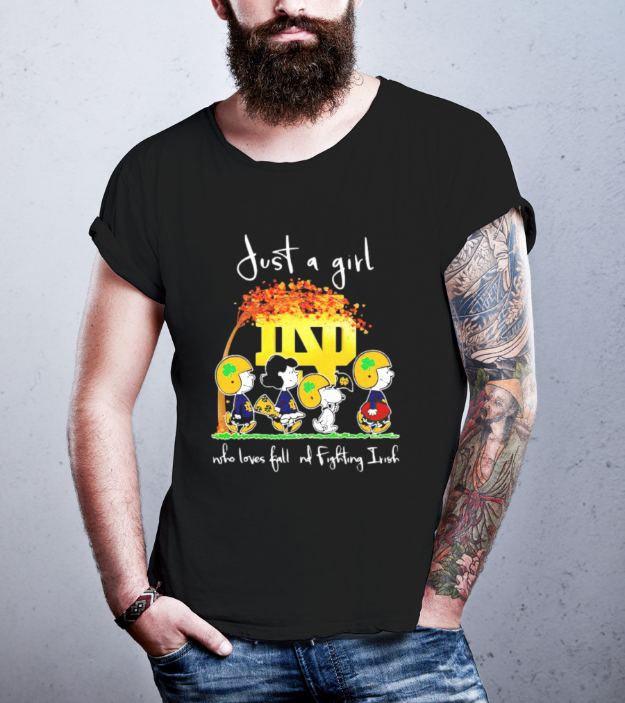 Just A Girl Who Loves Fall ND Fighting Irish Peanuts Characters T-Shirt