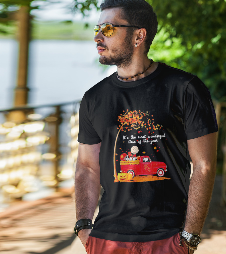 Peanuts Characters USC Trojans Fall It's The Most Wonderful Time Of The Year Football Truck Pumpkin Charlie Brown T-Shirt