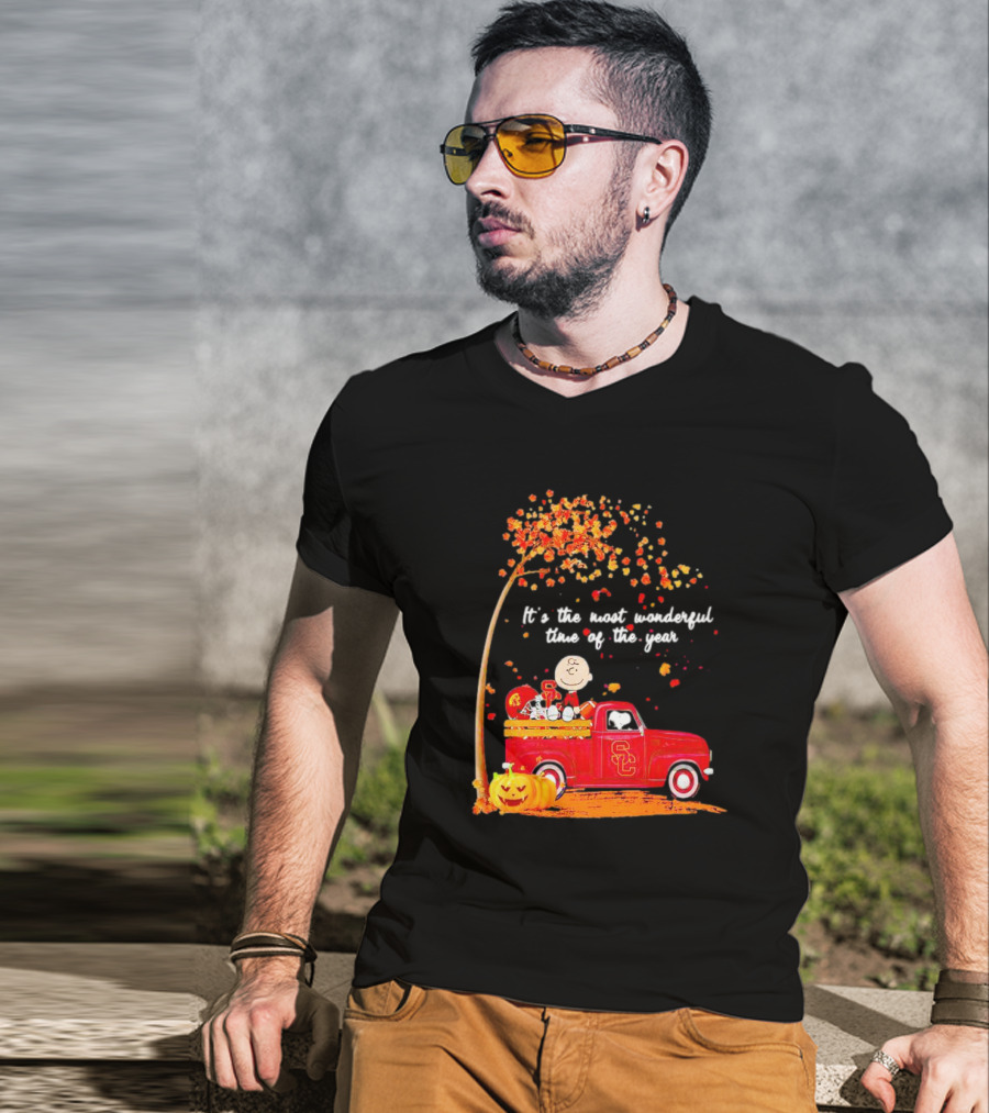 Peanuts Characters USC Trojans Fall It's The Most Wonderful Time Of The Year Football Truck Pumpkin Charlie Brown T-Shirt
