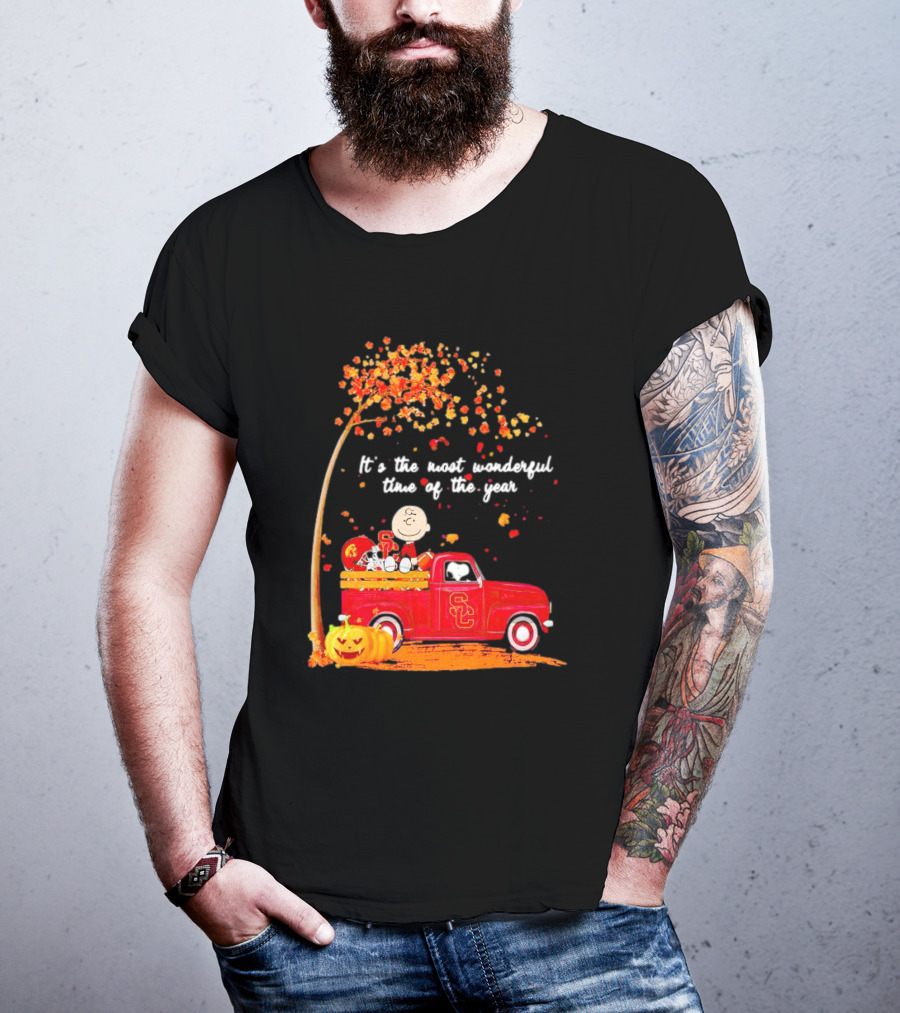 Peanuts Characters USC Trojans Fall It's The Most Wonderful Time Of The Year Football Truck Pumpkin Charlie Brown T-Shirt