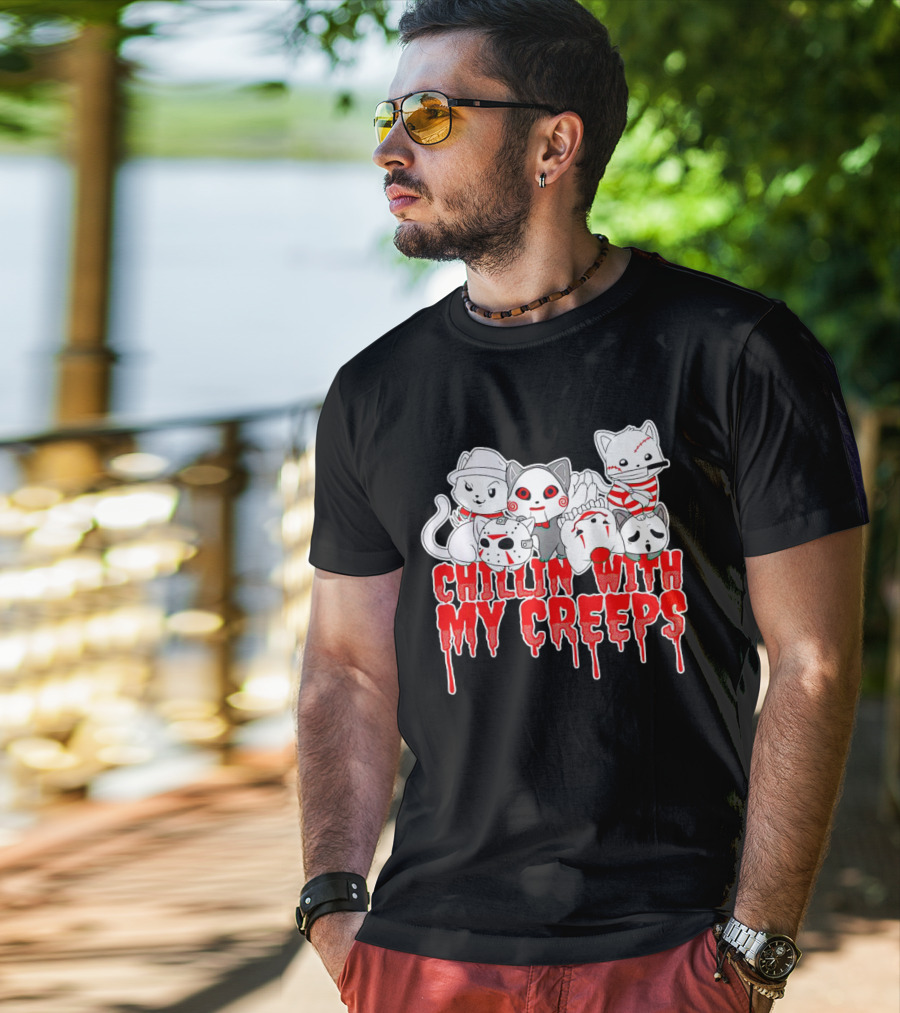 Chillin With My Creeps Cat Horror Icons T-Shirt