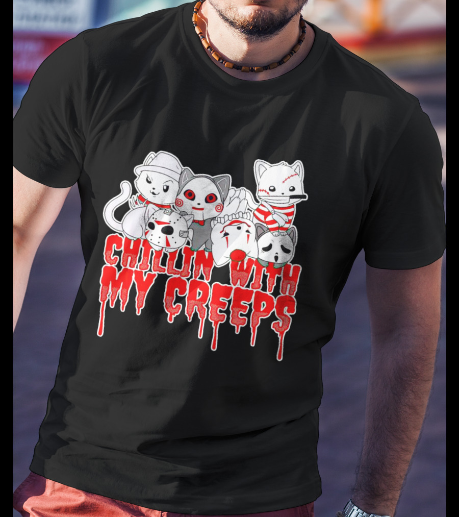 Chillin With My Creeps Cat Horror Icons T-Shirt