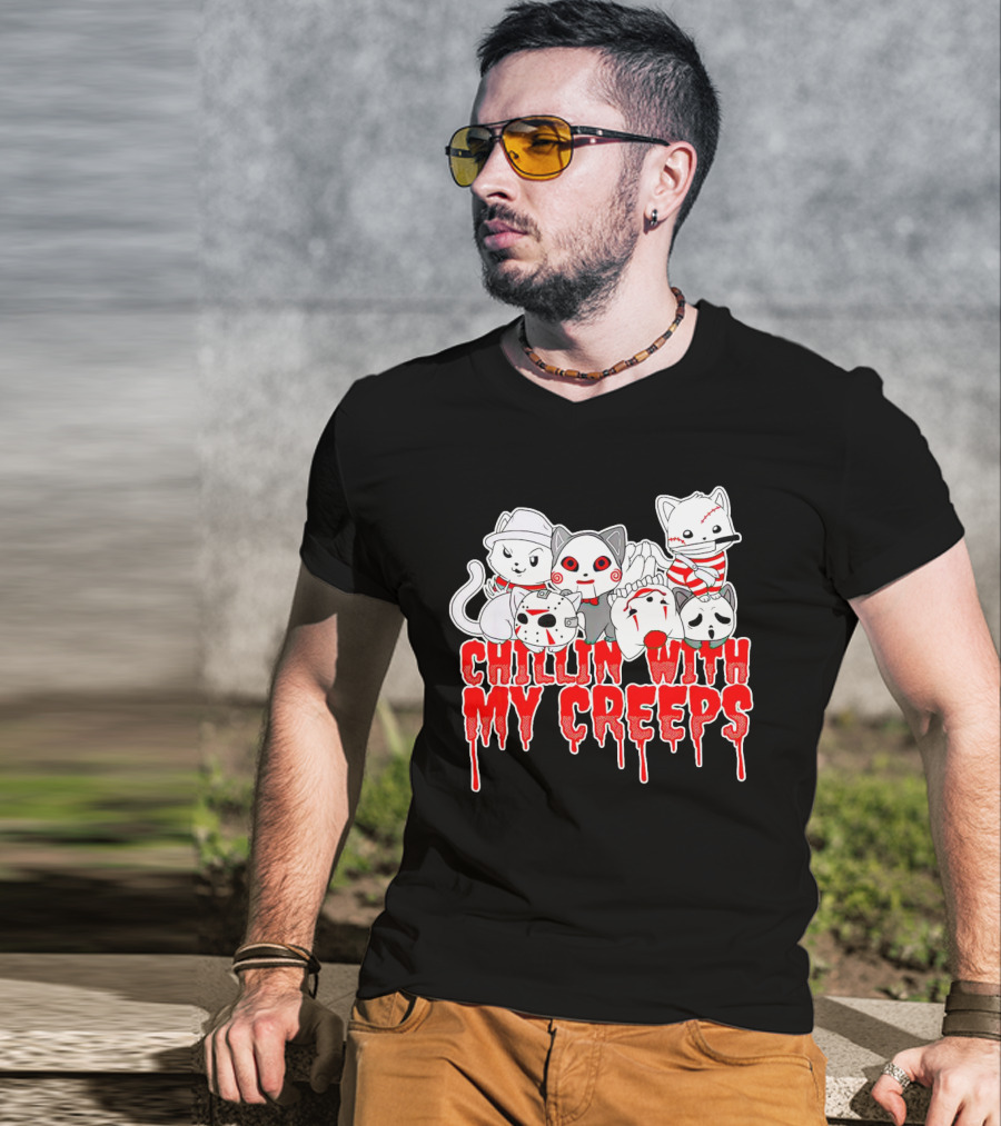 Chillin With My Creeps Cat Horror Icons T-Shirt