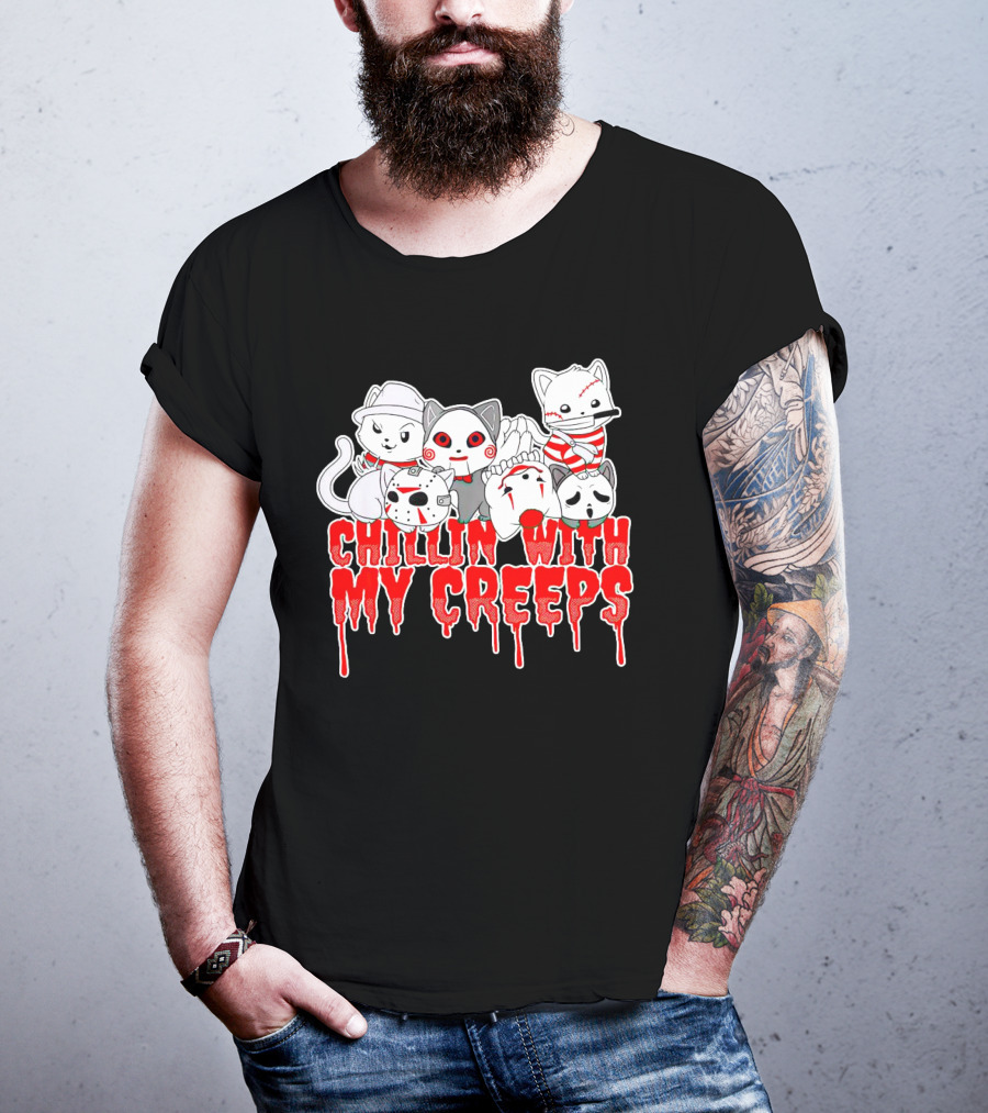 Chillin With My Creeps Cat Horror Icons T-Shirt