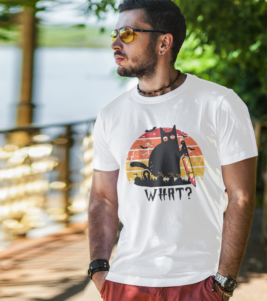 Cat With Sword And Graves Sunset Halloween T-Shirt