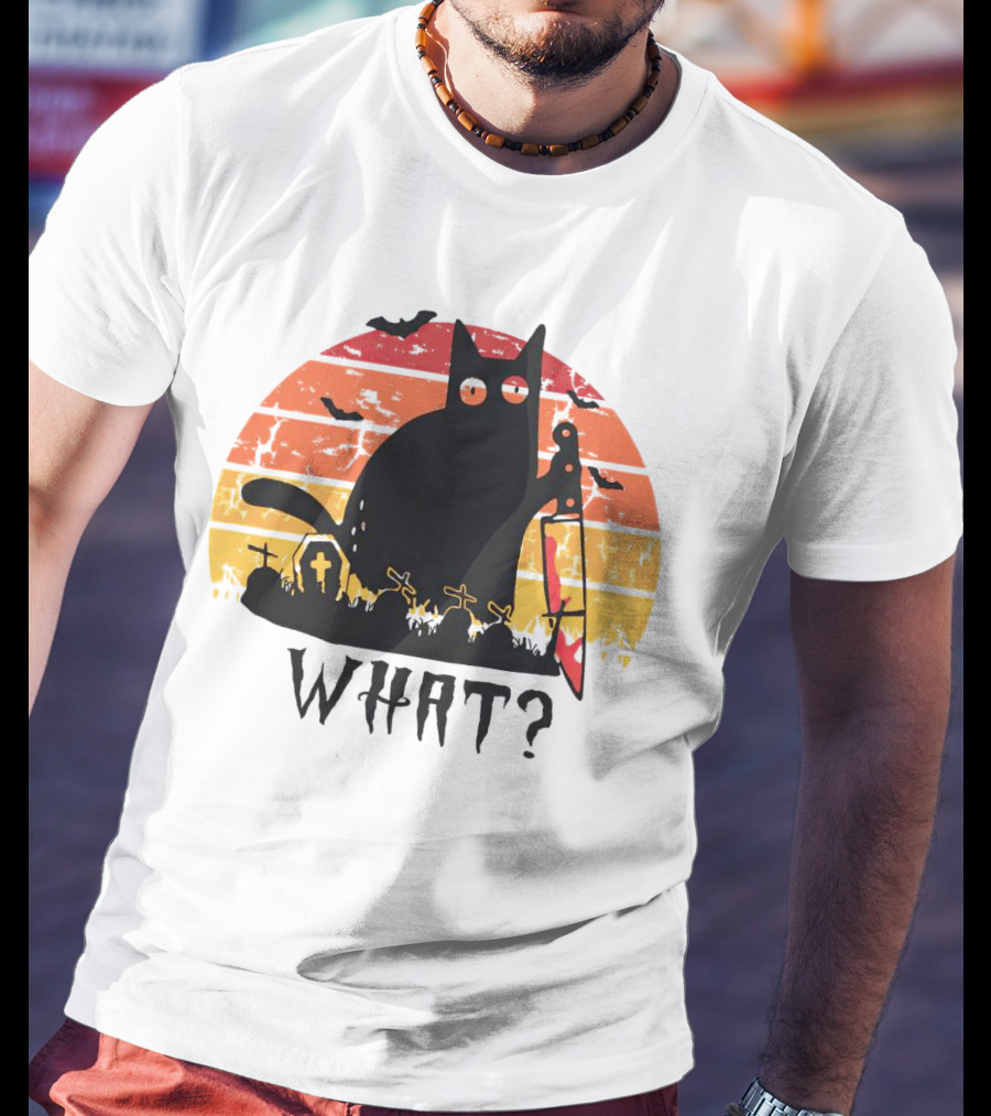 Cat With Sword And Graves Sunset Halloween T-Shirt