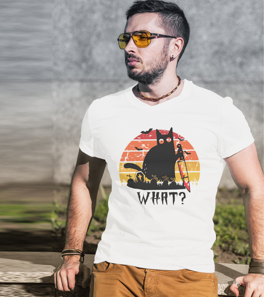 Cat With Sword And Graves Sunset Halloween T-Shirt