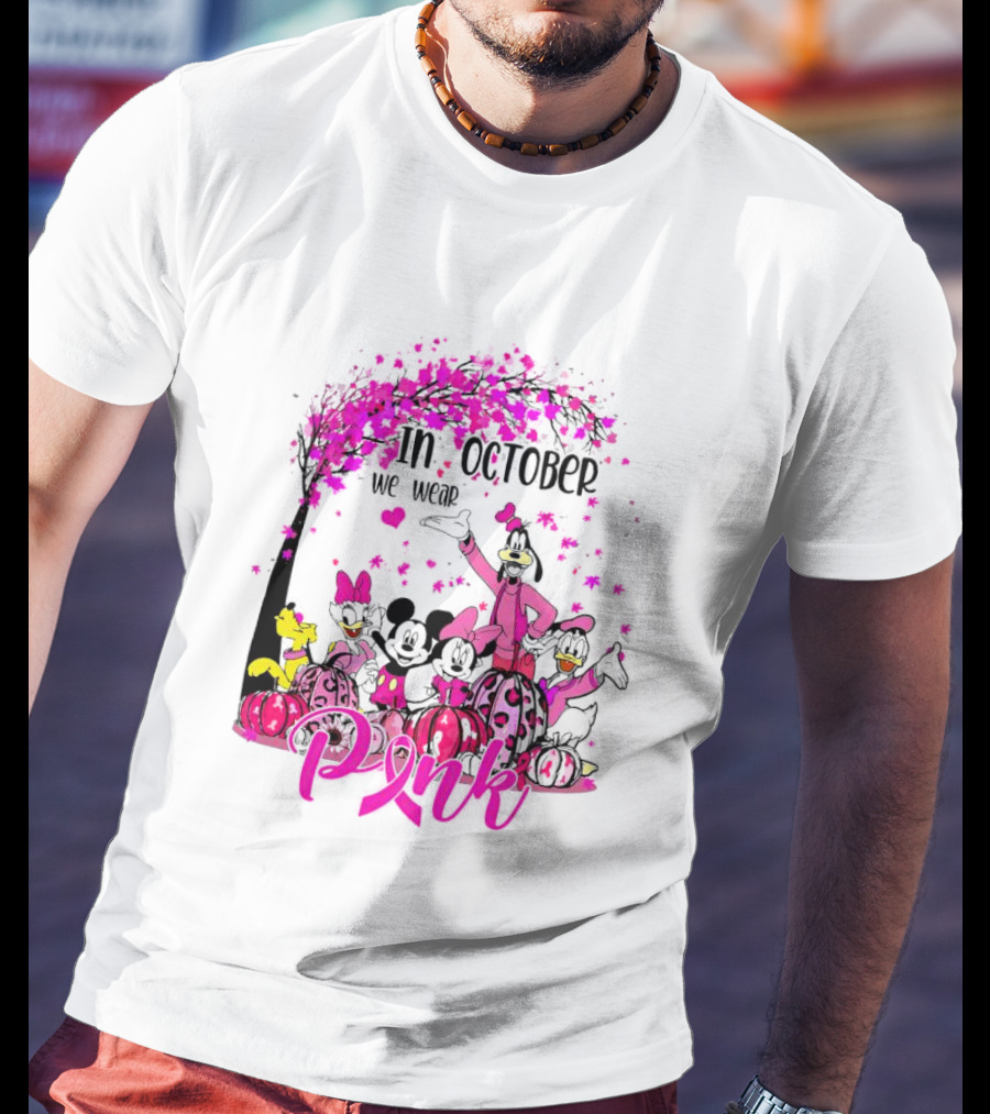 In October We Wear Pink Disney Characters Breast Cancer Awareness T-Shirt