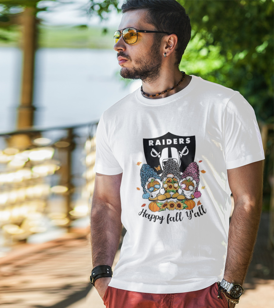 Raiders Gnomes With Sunflowers And Pumpkins Happy Fall Y'all T-Shirt