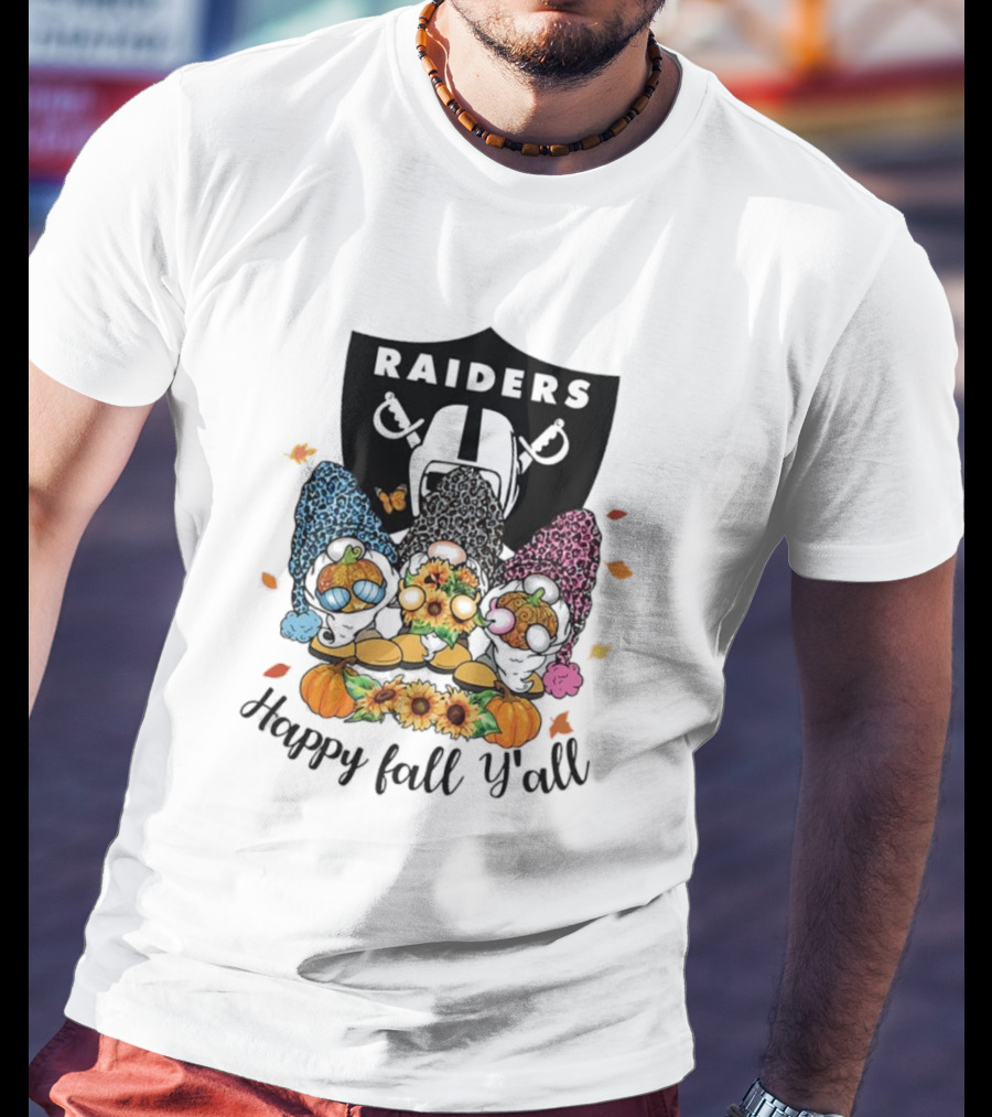 Raiders Gnomes With Sunflowers And Pumpkins Happy Fall Y'all T-Shirt