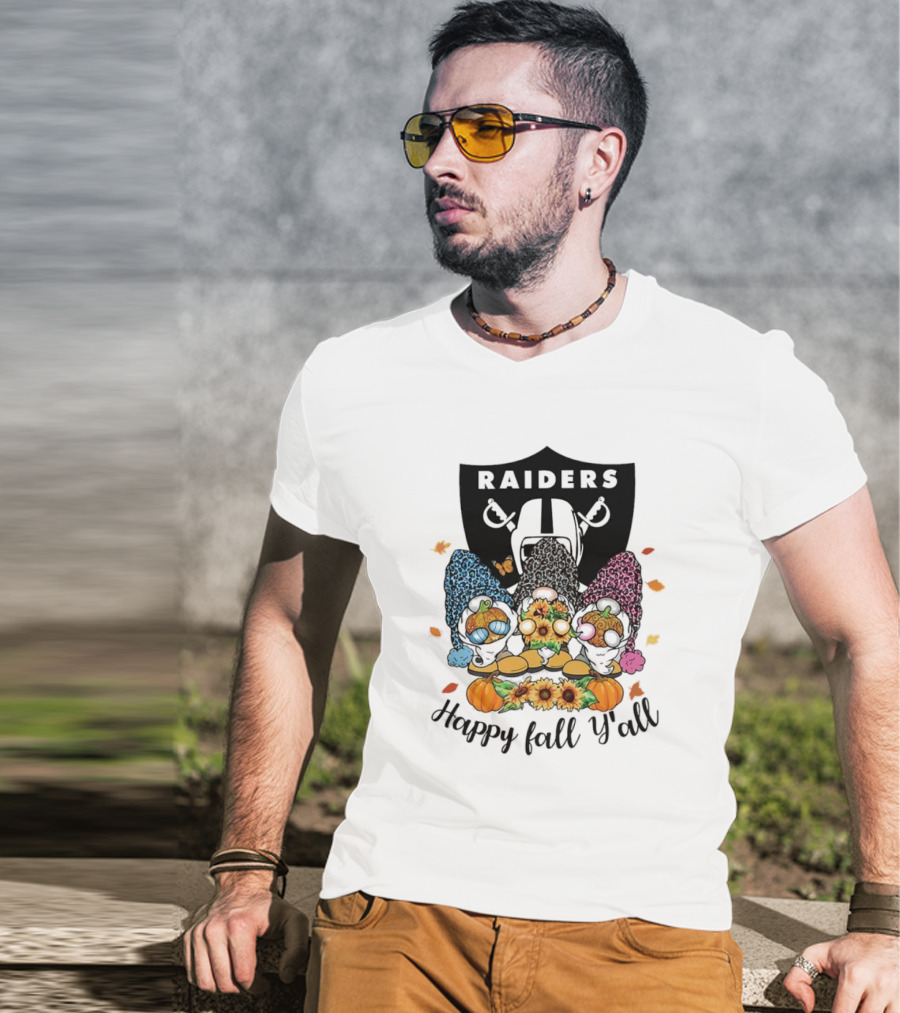 Raiders Gnomes With Sunflowers And Pumpkins Happy Fall Y'all T-Shirt