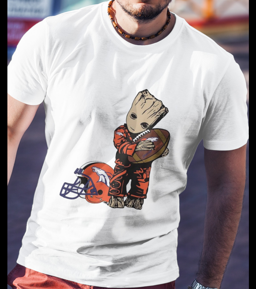 Groot Hugging Denver Broncos Football And Helmet T-Shirt
