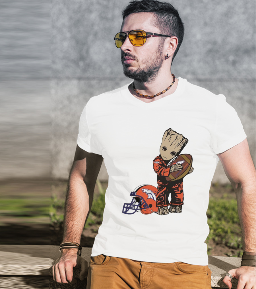 Groot Hugging Denver Broncos Football And Helmet T-Shirt