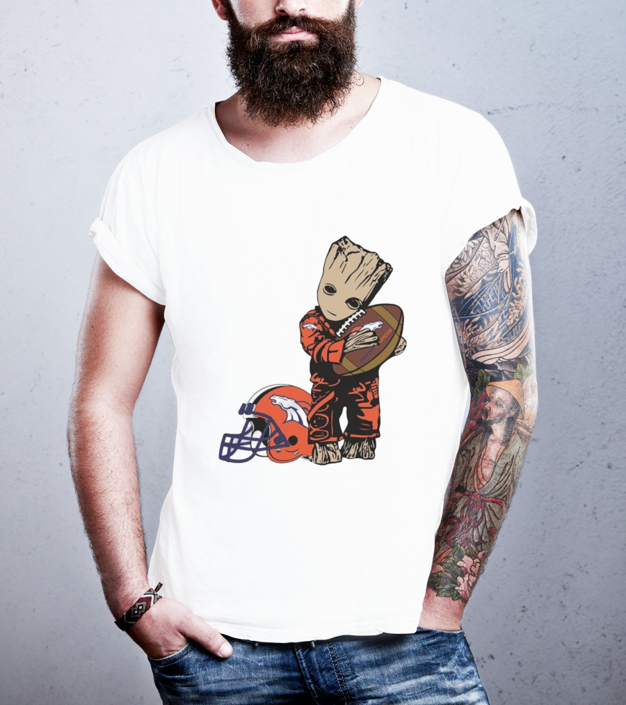 Groot Hugging Denver Broncos Football And Helmet T-Shirt