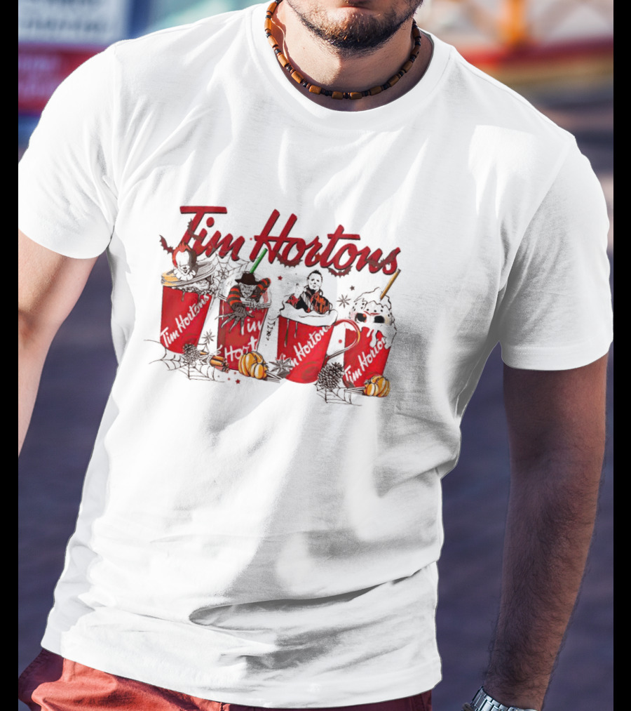 Horror Halloween Tim Hortons Cups With Spooky Figures And Pumpkins T-Shirt