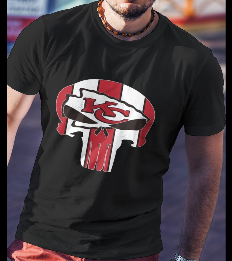 Kansas City Chiefs Skull KC Logo Stripe T-Shirt