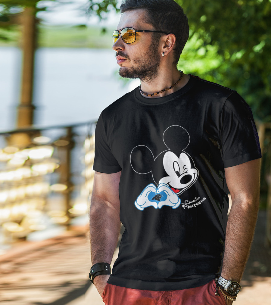 Mickey Carolina Panthers Fan Logo With Heart Gesture T-Shirt