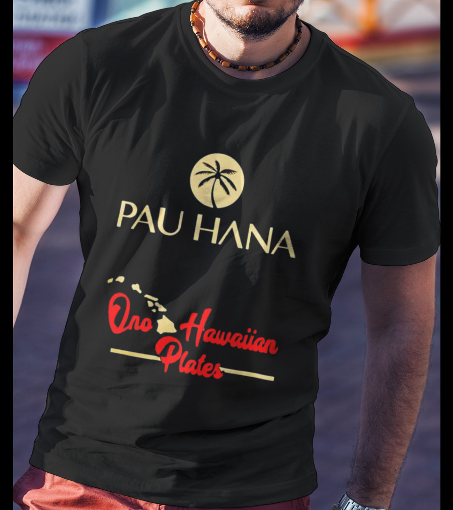 Pau Hana Palm Logo Ono Hawaiian Plates Map T-Shirt