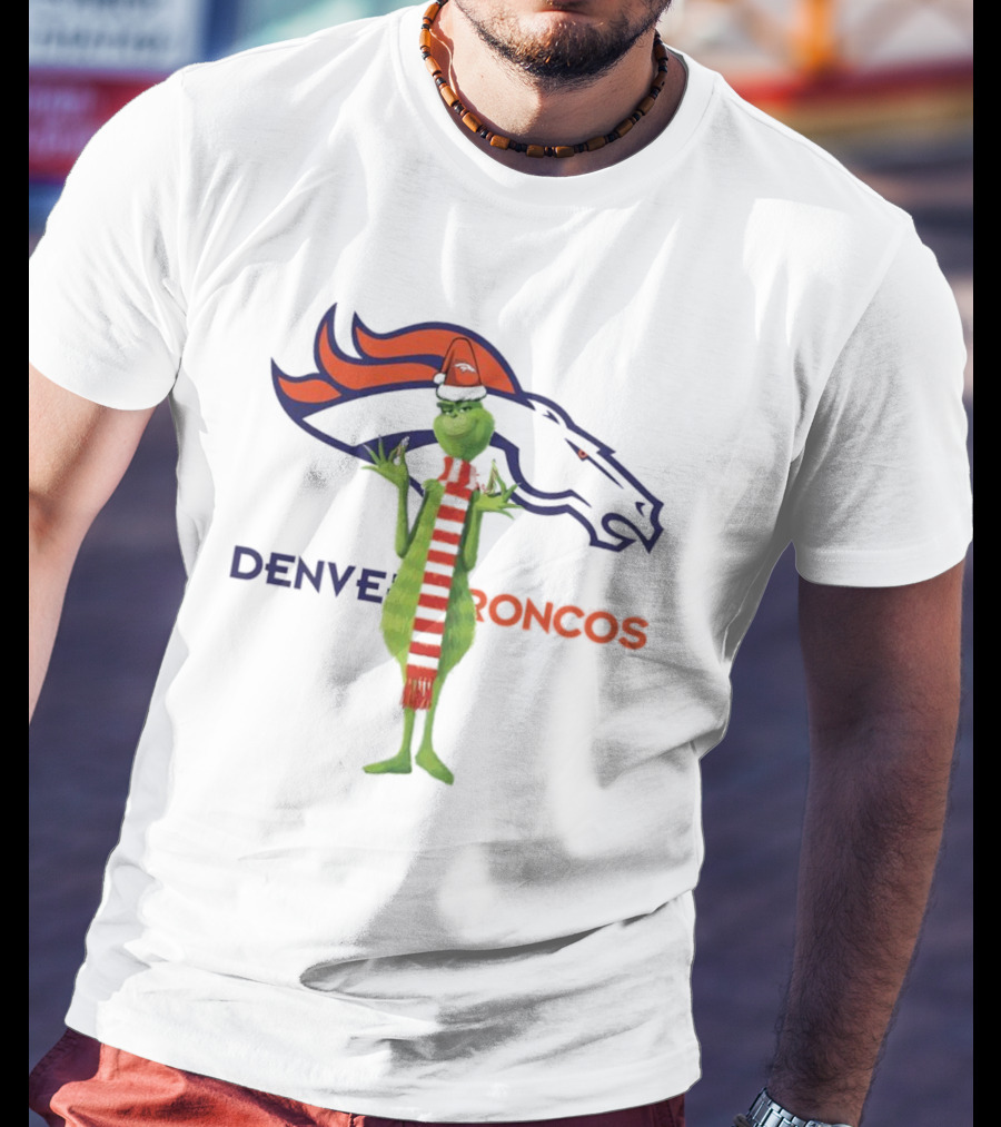 Grinch In Santa Hat And Scarf With Denver Broncos T-Shirt