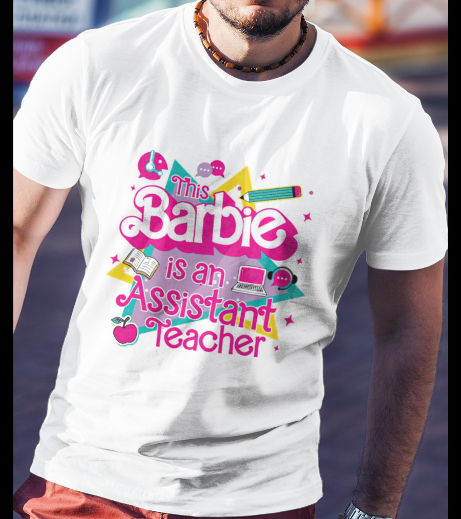 This Barbie Is An Assistant Teacher With Headphones Pencil Book Laptop Apple T-Shirt