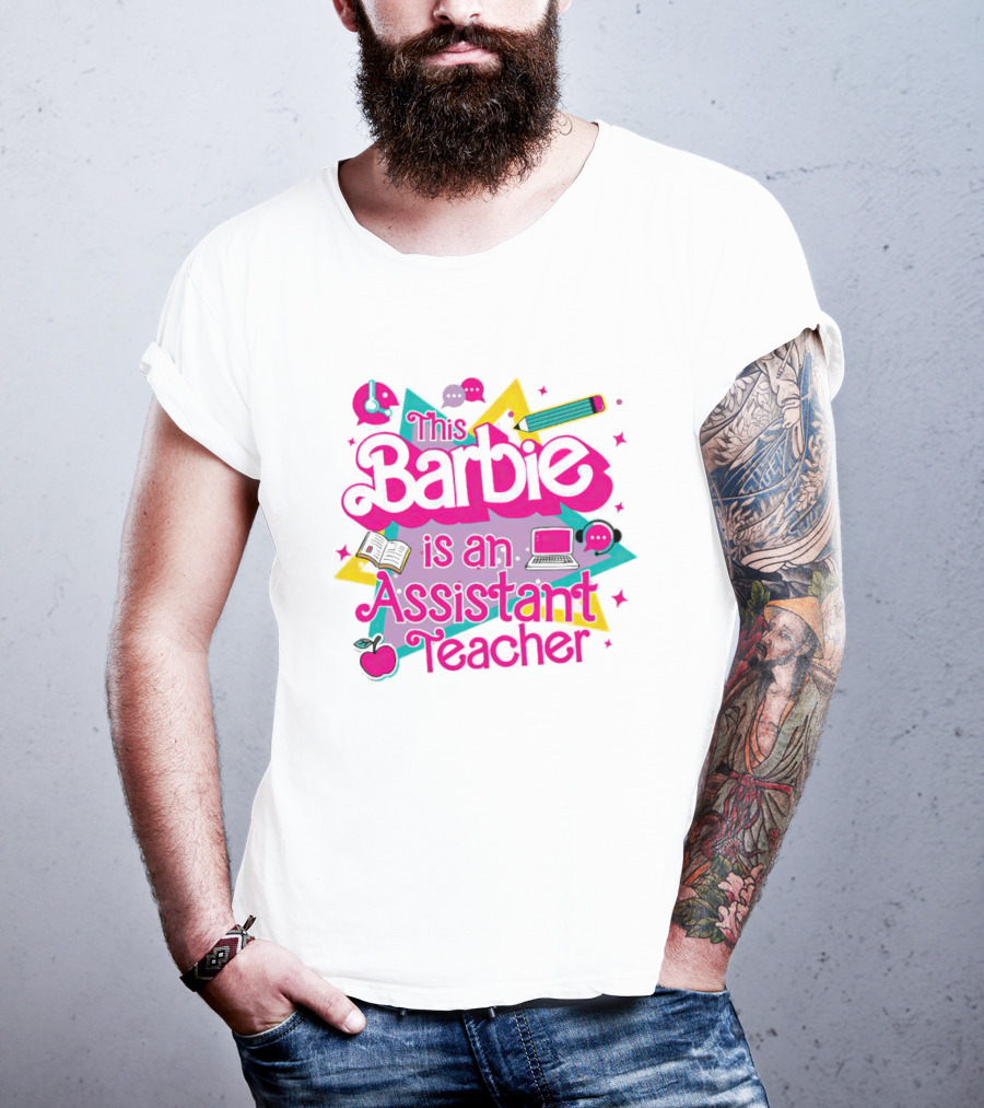 This Barbie Is An Assistant Teacher With Headphones Pencil Book Laptop Apple T-Shirt