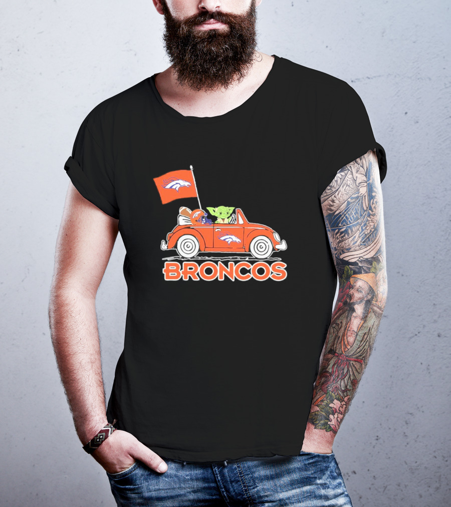Yoda With Helmet In Denver Broncos Car With Flag T-Shirt