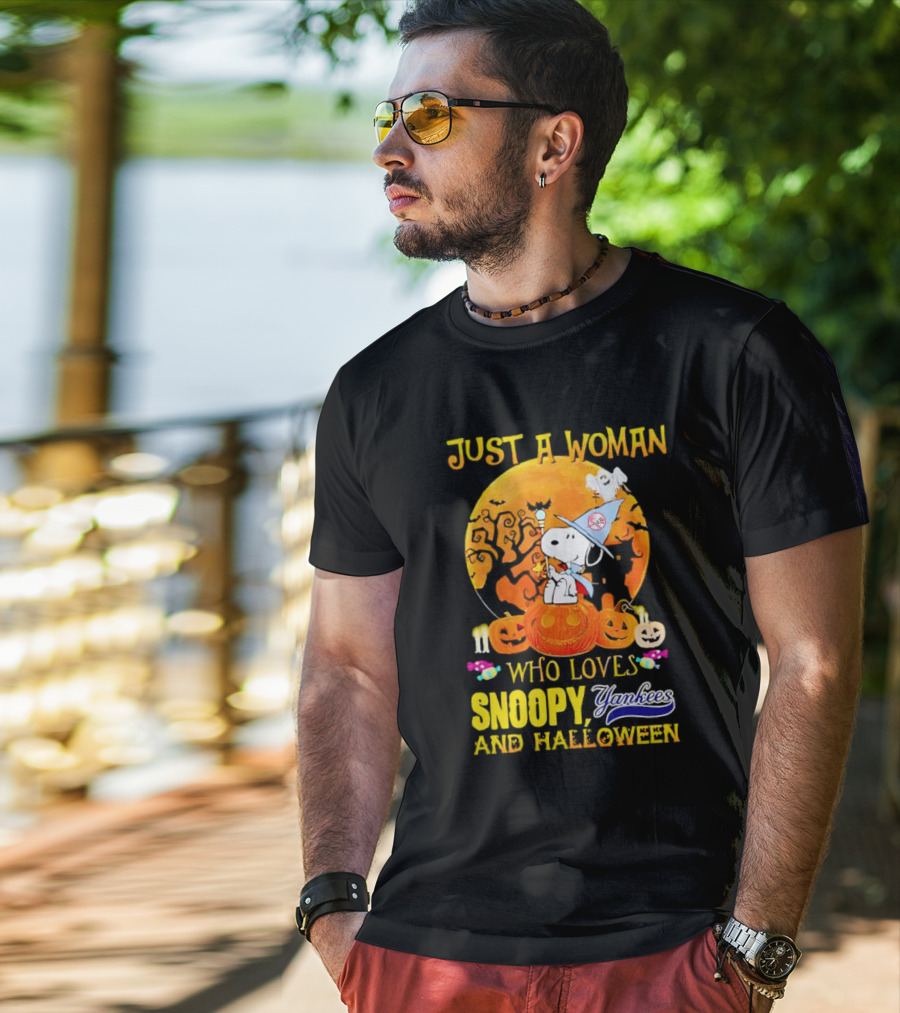 Just A Woman Who Loves Snoopy Yankees And Halloween T-Shirt
