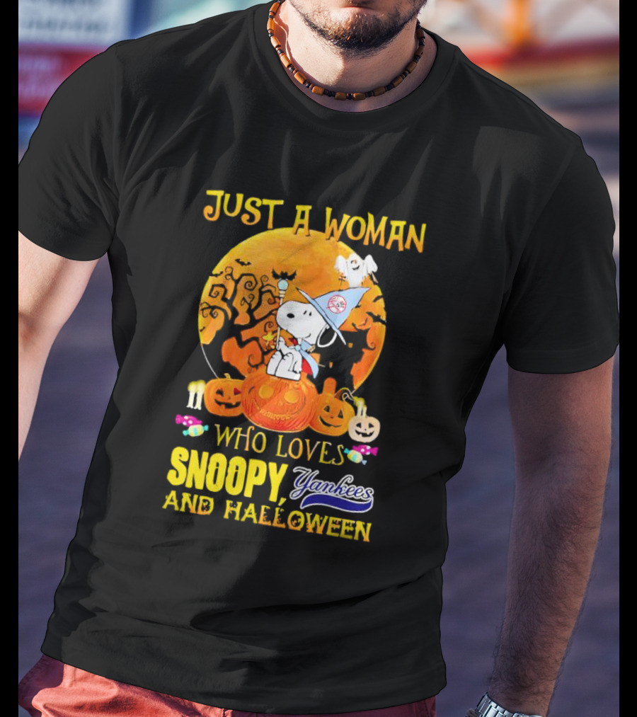 Just A Woman Who Loves Snoopy Yankees And Halloween T-Shirt