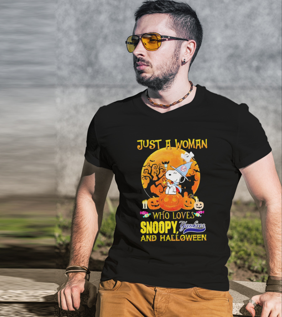 Just A Woman Who Loves Snoopy Yankees And Halloween T-Shirt
