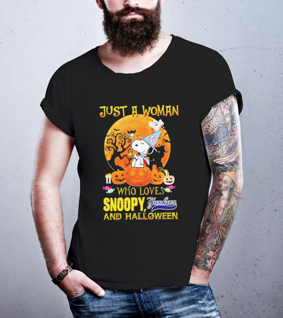 Just A Woman Who Loves Snoopy Yankees And Halloween T-Shirt